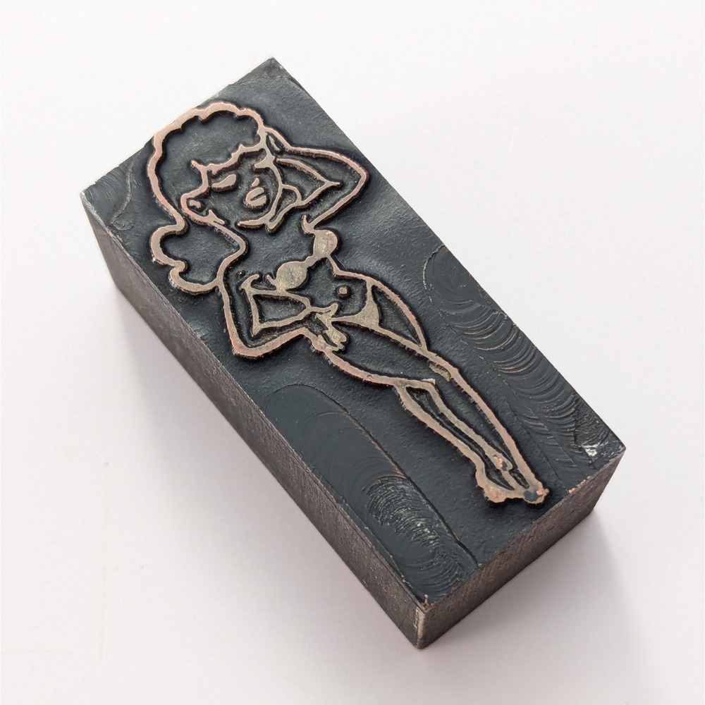 Vintage Letterpress Block Pinup Girl Lady Bikini Metal Printing Wood Stamp Art